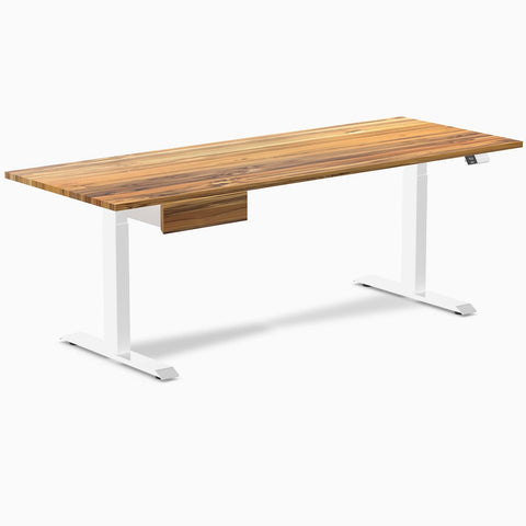 Desky Dual Hardwood Standing Desk With Drawer 200cm Teak Desktop and White Frame