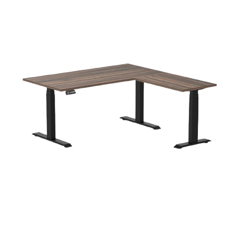 Desky Eco L-Shape Melamine Sit Stand Desk 150 x 155 cm Jarrah Legno Top and Matte Black Leg