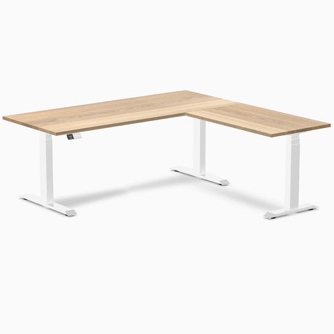 Desky Hardwood L-Shape Sit Stand Desk 180 x 175 cm White Ash Top and White Leg