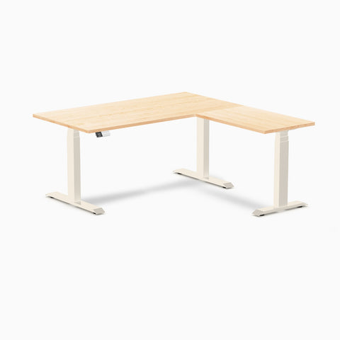 Desky Hardwood L-Shape Sit Stand Desk 150 x 155 cm Maple / Wheat Top and Wheat Leg