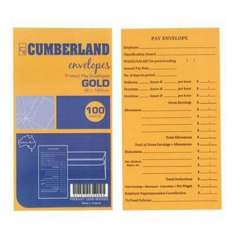 Cumberland Pay Envelopes Printed 90x165 Gold Pack 100