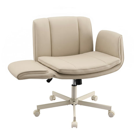 Artiss Cross Legged Office Chair PU Leather Swivel Vanity Chair Wide Seat Adjustable Arms Beige
