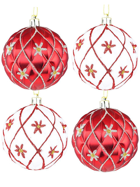 Christmas Warehouse - DECR9214 4x Dynamic Red & White Statement Diamond Glitter Baubles | 80mm Red & White with Silver & Gold