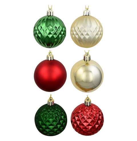 Christmas Warehouse - DECR2672 47x Heritage Red Green & Gold Essential Mixed Bauble Starter Pack | 60mm Red, Green & Champagne Gold