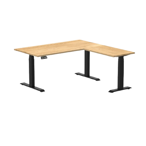 Desky Hardwood L-Shape Sit Stand Desk 150 x 155 cm White Oak Top and Matte Black Leg