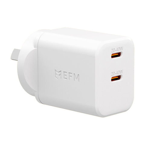 EFM ECO 40W Dual Port Wall Charger with GaN, Power Delivery and PPS (White)