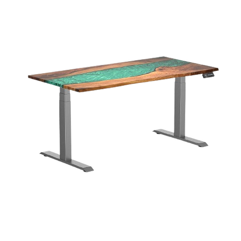 Desky Dual Resin Hardwood Sit Stand Desk 150cm Natural Walnut Emerald River Desktop and Space Grey Frame