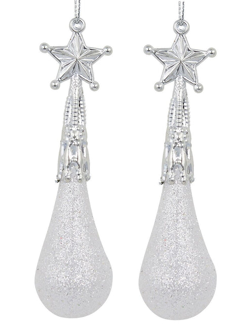 Christmas Warehouse - DECRHP15 8x White Glitter Teardrop Icicle Whimsical Essential Ornaments | 11cm White with Silver