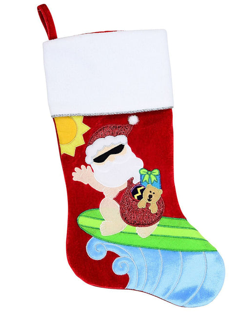 Christmas Warehouse - STCK2404 Embroidered Aussie Surf Santa Red Velvet Christmas Stocking | 48cm Red with Various