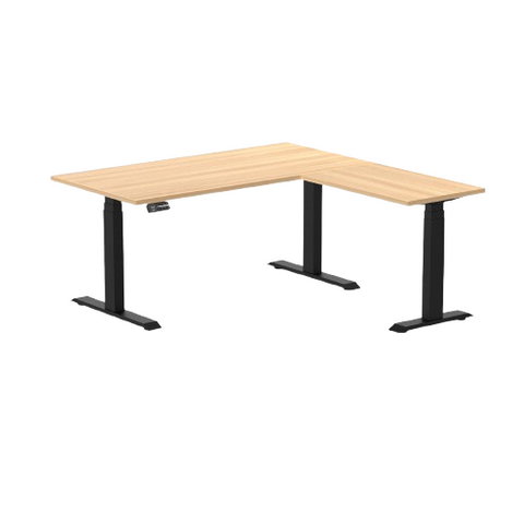 Desky Eco L-Shape Melamine Sit Stand Desk 150 x 155 cm Sublime Teak Top and Matte Black Leg