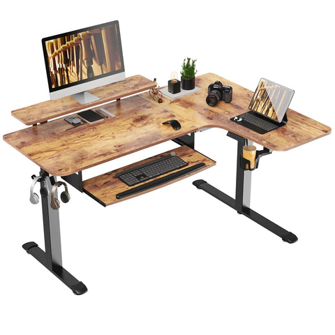 Eureka 60" L Shaped Electric Standing Rustic Brown Office Desk (Right Side)