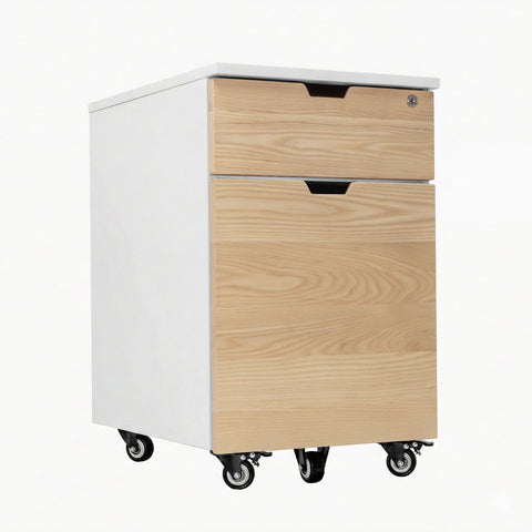 Desky Minimal Wooden Filing Cabinet - White / Bamboo