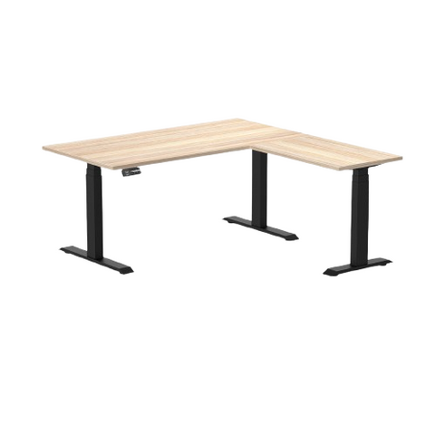 Desky Eco L-Shape Melamine Sit Stand Desk 150 x 155 cm Classic Oak Top and Matte Black Leg