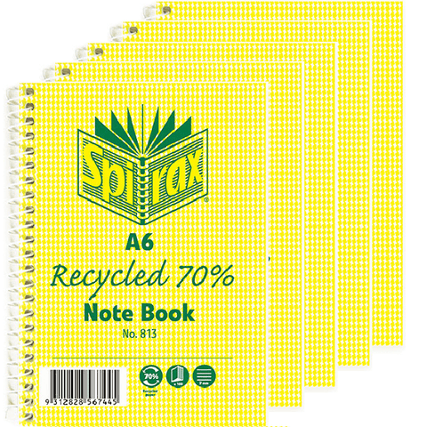 Spirax 813 Notebook 7mm Ruled 70% Recycled Spiral Bound 100 Page (A6) [Pack 5]