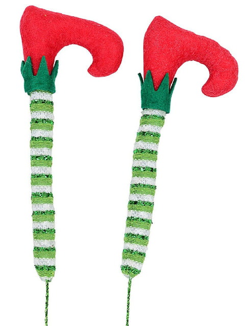 Christmas Warehouse - PICK2220 Elf Feet In Your Tree With Long Socks Pair Christmas Stem Picks | 40cm Green & Red with White