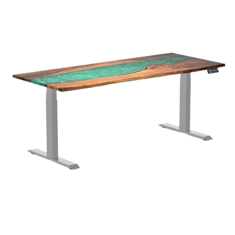 Desky Dual Resin Hardwood Sit Stand Desk 180cm Natural Walnut Emerald River Desktop and Grey Frame