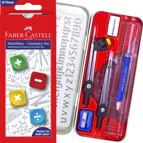 Faber-Castell MathMate Geometry Set Compass Ruler Protractor Stencil Tin Box