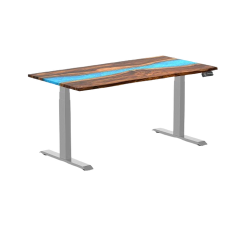 Desky Dual Resin Hardwood Sit Stand Desk 150cm Pheasantwood Blue River Desktop and Grey Frame