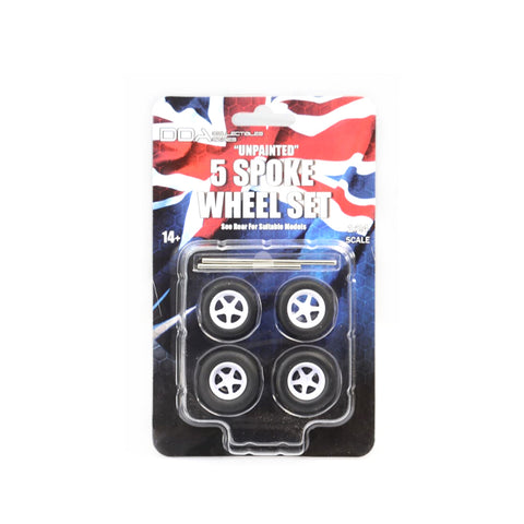 DDA 1:24 Set Of 4 x 5 Spoke Unpainted Injected White Wheels With Tyres & Axles