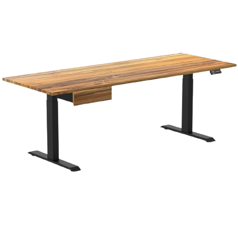 Desky Dual Hardwood Standing Desk With Drawer 200cm Teak Desktop and Matte Black Frame