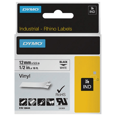 Dymo 18444 Rhino Industrial Tape Vinyl 12mm (Black On White)