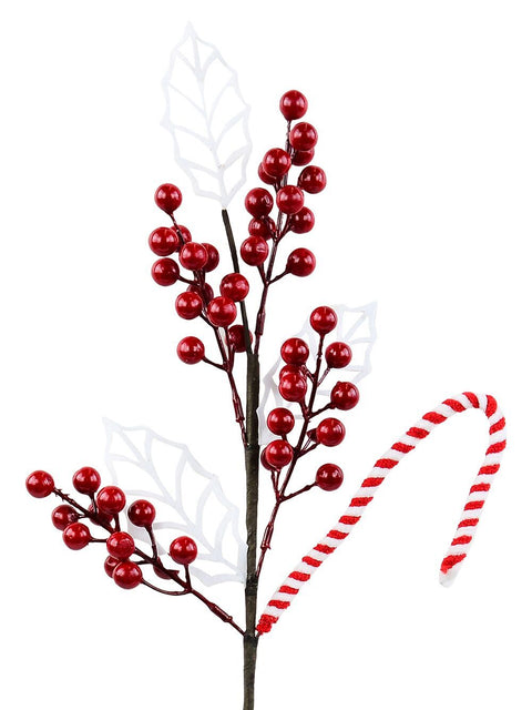 Christmas Warehouse - STEM2530 Red Berries White Leaves & A Candy Cane Spray Long Christmas Stem | 64cm Red & White
