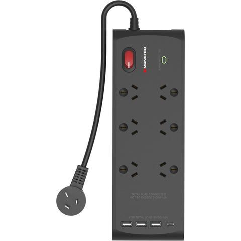 Monster USB 6 Port Surge Protector Power Board (Black)