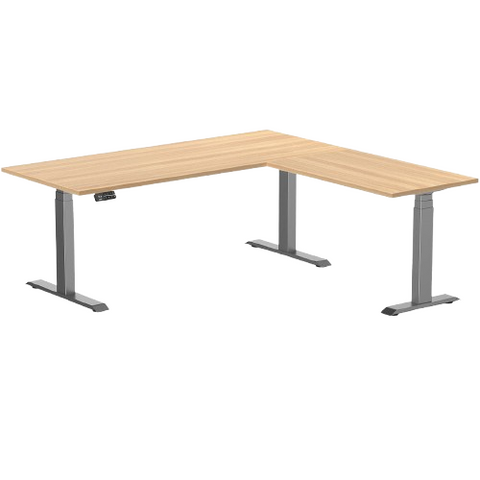 Desky Eco L-Shape Melamine Sit Stand Desk 180 x 175 cm Sublime Teak Top and Space Grey Leg