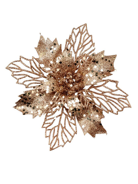 Christmas Warehouse - PICK2034 Bronze Poinsettia Bract & Leaf Christmas Tree Clip Pick | 18cm Rose Gold