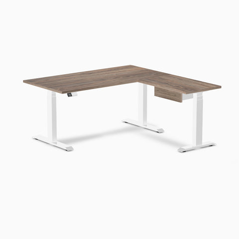 Desky Eco L-Shape Melamine Standing Desk With Drawer 150 x 155 cm Natural Walnut Top and White Leg