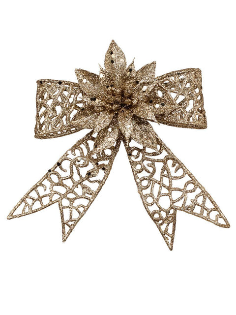 Christmas Warehouse - PICK2029 Champagne Mesh Poinsettia Flower & Ribbon Christmas Bow Clip Pick | 13cm Champagne