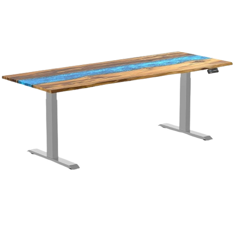 Desky Dual Resin Hardwood Sit Stand Desk 200cm Teak Blue River Desktop and Grey Frame