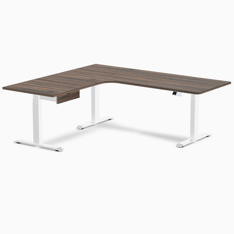 Desky L-Shape Melamine Standing Desk With Drawer 200cm - Left Return Jarrah Legno Top and White Leg