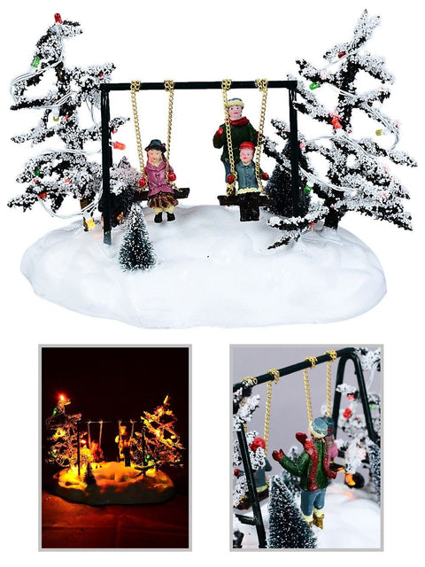 Christmas Warehouse - ORNMV101 Animated Kids On Playground Swing With Multi Colour LED Lights | 14cm Classic Palette