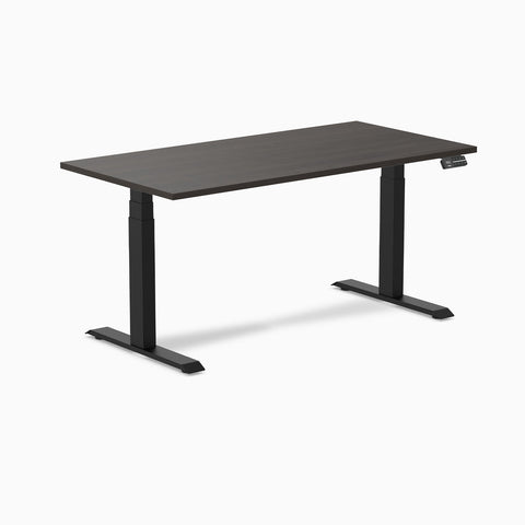 Desky Dual Melamine Sit Stand Desk 150cm Burnished Wood Desktop and Matte Black Frame
