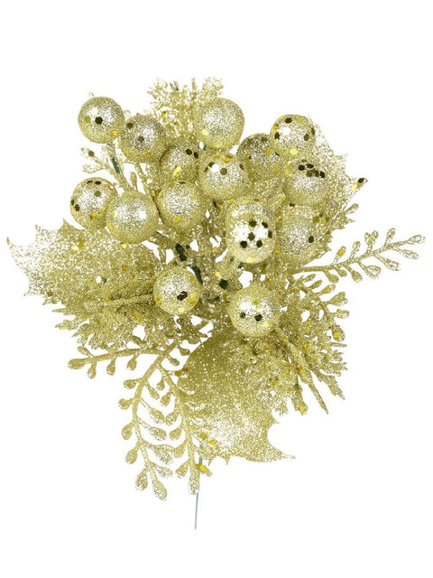 Christmas Warehouse - PICK1847 Champagne Berries, Twigs & Mixed Foliage Christmas Tree Stem Pick | 20cm Champagne
