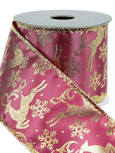 Christmas Warehouse - RIBN2206 Wired Burgundy Ribbon With Gold Reindeer & Snowflakes | 3m x 63mm Gold on Burgundy