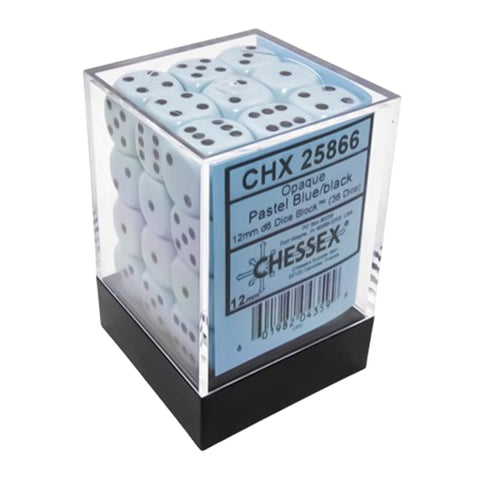Chessex CHX 25866 Opaque 12mm D6 Pastel Blue/Black Dice Block (36 Dice)