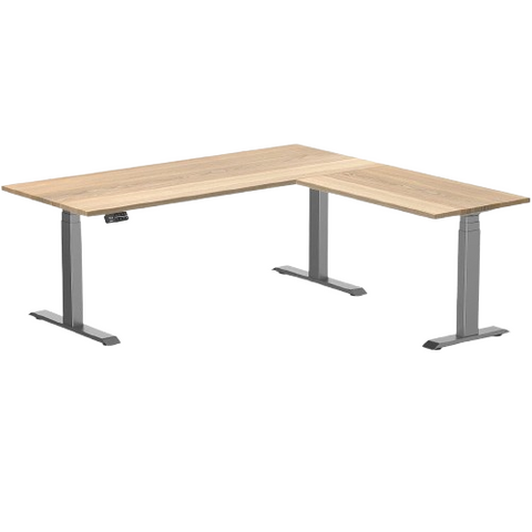 Desky Hardwood L-Shape Sit Stand Desk 180 x 175 cm White Ash / Space Grey Top and Space Grey Leg