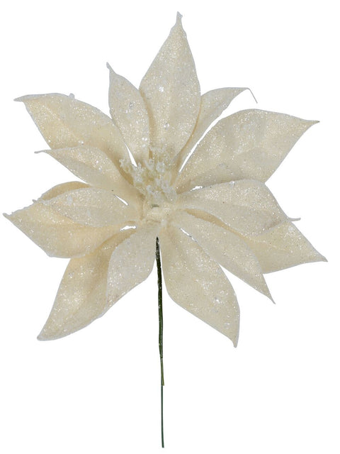 Christmas Warehouse - PICK1926 Cream With Silver Glitter Poinsettia Christmas Tree Stem Pick | 17cm Silver on Cream
