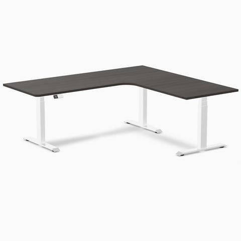 Desky L-Shape Melamine Sit Stand Desk 200cm - Right Return Burnished Wood Top and White Leg