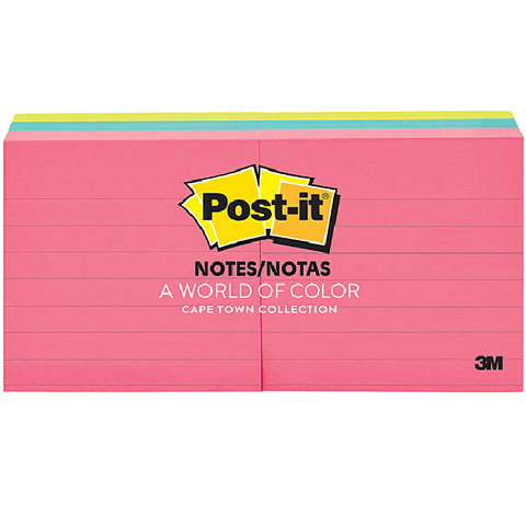 Post-It Ruled Lines Notes 73x73mm Capetown (Assorted) [6 Pads]