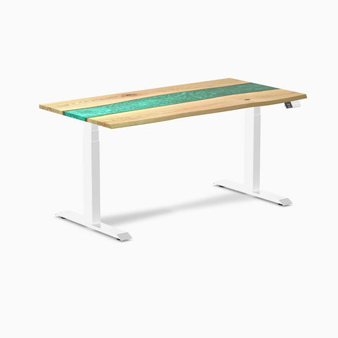 Desky Dual Resin Hardwood Sit Stand Desk 150cm White Ash Emerald River Desktop and White Frame