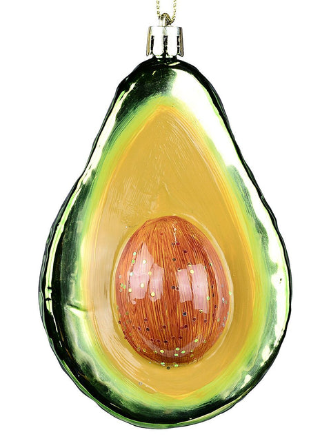 Christmas Warehouse - DECRH091 Glossy Green Half Avocado Whimsical Essential Ornament | 11cm Green with Yellow & Brown