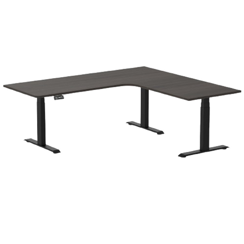 Desky L-Shape Melamine Sit Stand Desk 200cm - Left Return Burnished Wood Top and Matte Black Leg