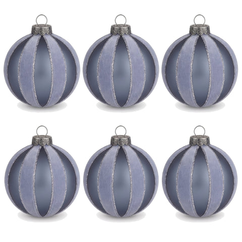 Christabelle 6 Grey Glass Christmas Baubles Velvet Stripe Silver Trim 8cm Xmas Tree Decorations Hanging Ornaments