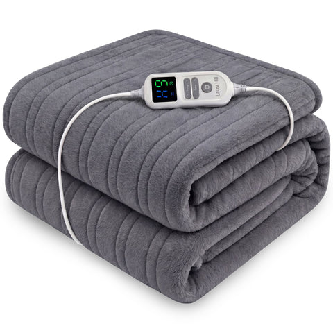 Laura Hill XL Electric Heated Blanket Throw Rug Soft Coral Fleece 10 Heat Settings - Grey