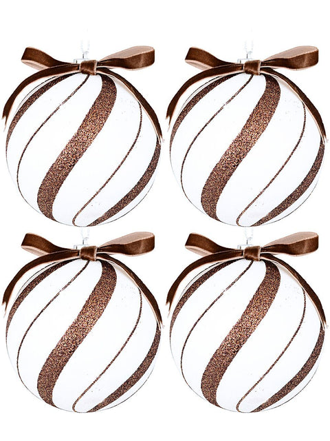 Christmas Warehouse - DECR9201 4x Whimsical White & Brown Signature Candy Swirl Baubles | 10cm White with Brown