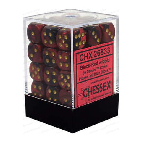 Chessex CHX 26833 Gemini 12mm D6 Black-Red/Gold Block (36 Dice)