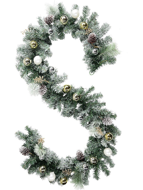 Christmas Warehouse - GARL2605 2.7m Decorated Flocked Pine & Spruce Garland | Gold Silver & White Baubles White, Silver, Gold & Natural on Green